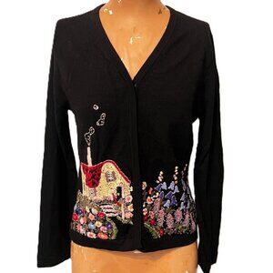 Vintage Italian Merino Wool Sweater Cardigan Womens Large Magnolia Embroidery